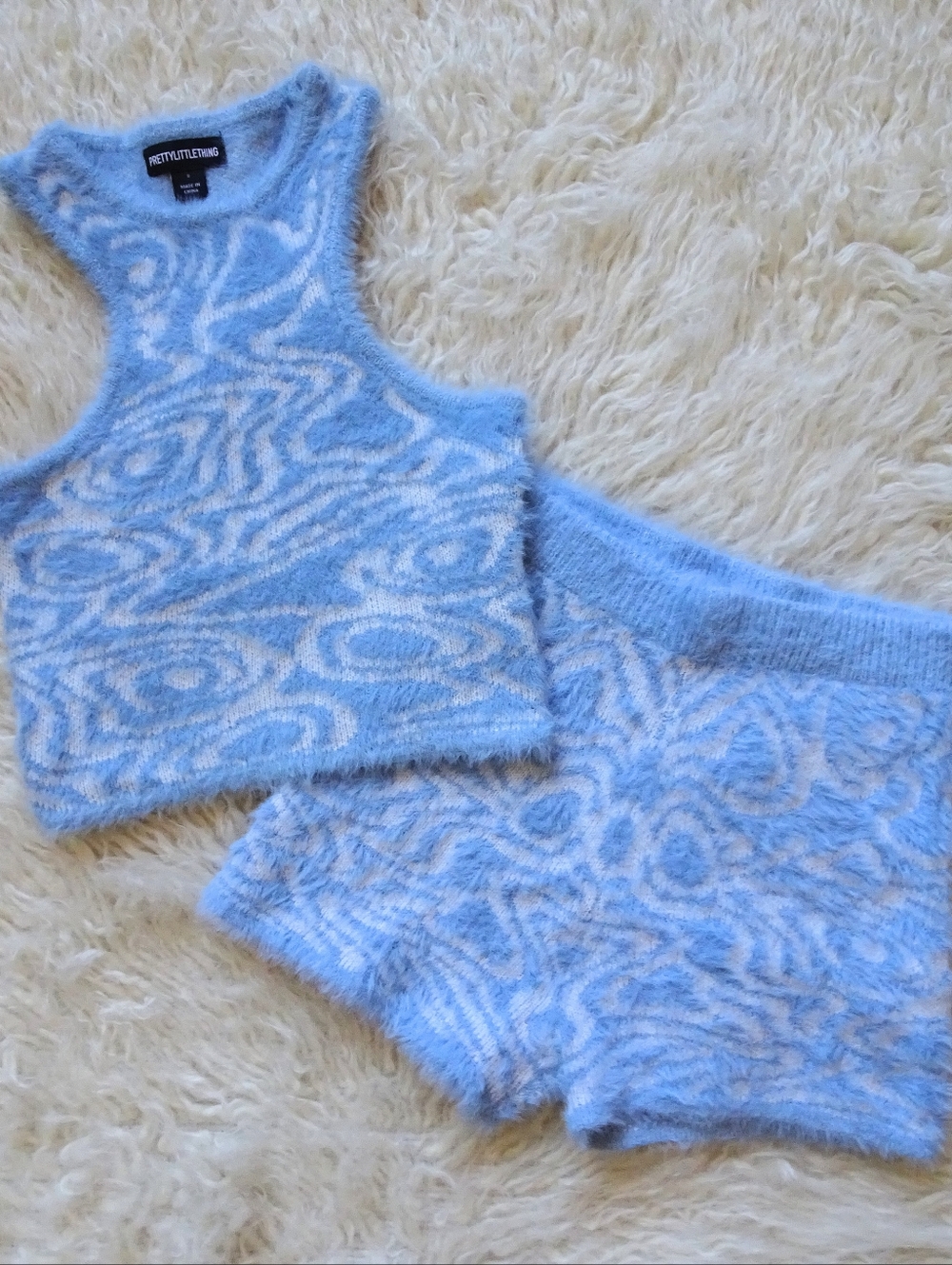 PrettyLittleThing Blue Fuzzy Knit Tank + Shorts Lounge Set